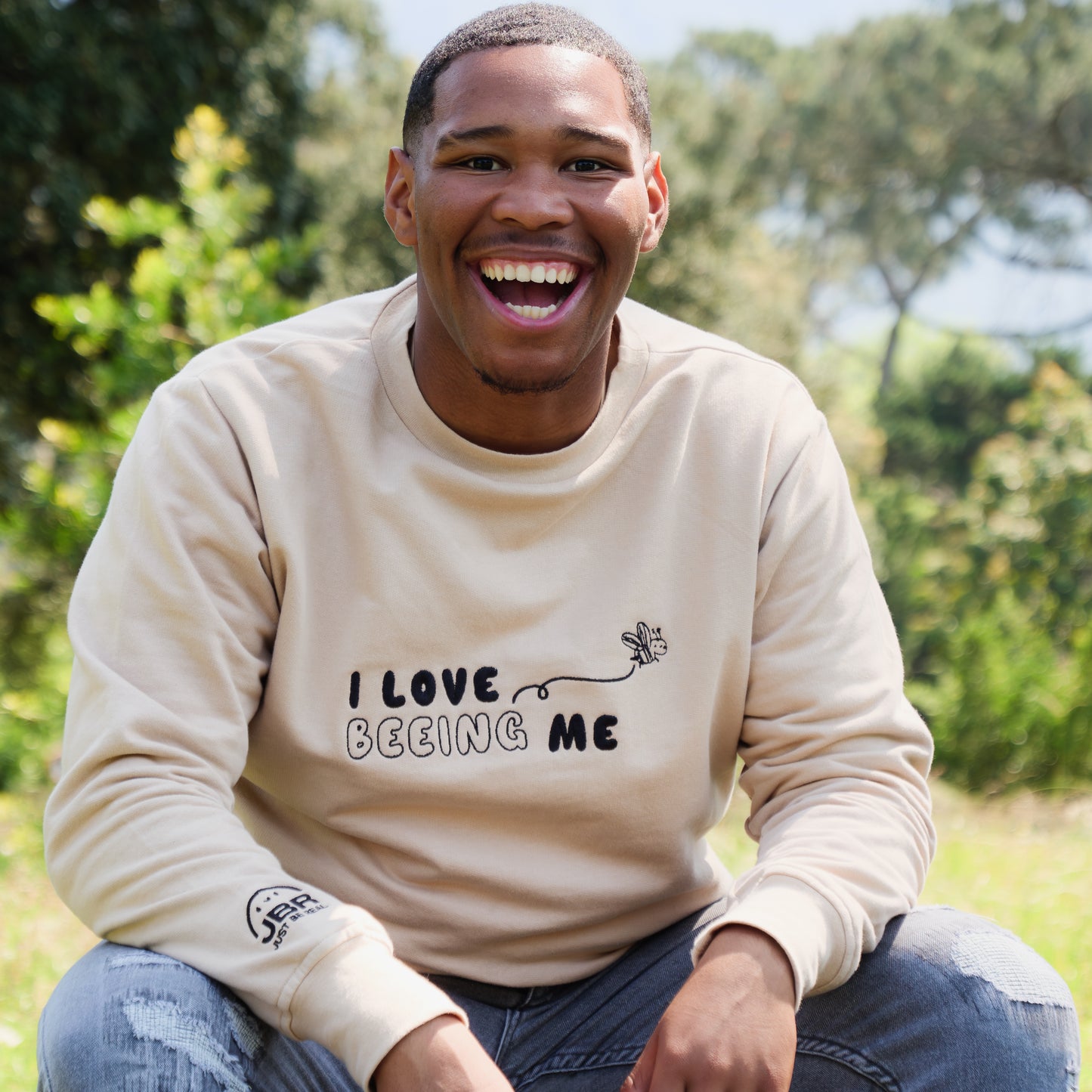 I Love Beeing Me Embroidered Crewneck Sweatshirt - Stone