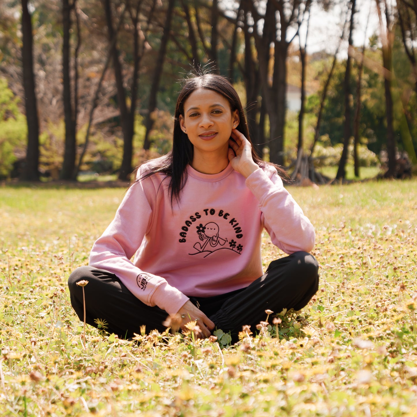 JUST BE REAL- Badass To Be Kind Embroidered Crewneck Sweatshirt, Dusty Pink